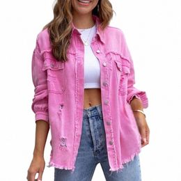 raw Hem Ripped Denim Jacket Women Lg Sleeves Casual Coat Top Jeans Jacket Women C8Vm#