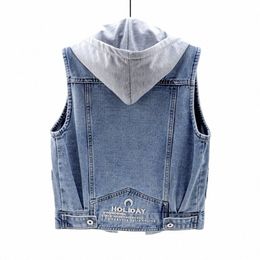 fi Hooded Denim Waistcoat Women 2021 New Spring Autumn Big Pocket Sleevel Jean Jackets Outwear Vest M2LU#