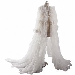 2024 Bridal Bolero with Ruffles Lg Sleeve Sequined Jacket Wedding Cape Shawl Wraps Maternity Dr Photo Shoot Robe 17DC#