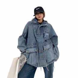 spring Autumn American Cargo Jeans Coat Couple Jackets Loose Retro Niche Heavy Duty Pullover Denim Jacket Women Men Streetwear 63Ul#