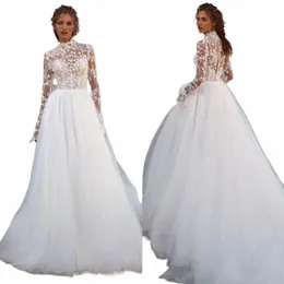 modest A Line Wedding Dr Tulle High Neck Beading Frs With Lace Applique Full Lg Sleeves Butt Back Bridal Gowns Custom 582A#