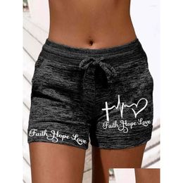 Women'S Shorts Womens Trendy Women Casual Lounge Faith Hope Love Heartbeat Print With Pockets Dstring Summer Workout Athletic Drop De Dh07Q