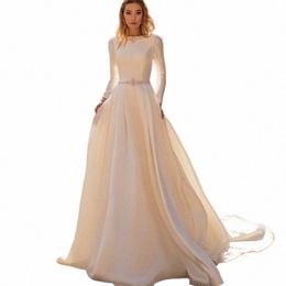 elegan t Lg Sleeves Wedding Dres A Line Backles Satin Beading Bridal Gowns With Sweep Train Custom Made Covered Butt Back W6GE#