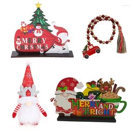 Party Decoration C63B 4 Pieces Merry Christmas Wooden Sign Desktop Ornament Cute Faceless Gnome Plush Doll Tassel Tag Beaded Garland Tier