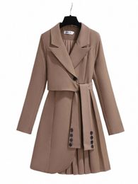 new 2023 Suit Dr Lg Sleeve Korean Fi Khaki White Or Black Dres With Belt Pleated Winter Outfits For Women Hot Sale d13B#