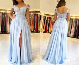 2020 Sky Blue Bridesmaid Dresses With Side Split Off The Shoulder Lace Appliques Chiffon Wedding Guest Dresses Cheap Maid Of Honor3597223