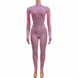 sexy Sparkly Pink Rhineste Jumpsuit with Gloves Women Birthday Celebrate Performance Costume Singer Show Photoshoot Jumpsuit F0tU#