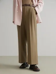 Women's Pants DUSHU Women Straight Leg Commuting Long Trousers Pleated Design Retro Khaki Brown Office Lady Suit Pant Spring Trouser