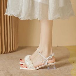 Dress Shoes Women Sandals With Summer Strap Pearl Design Buckle Comfortable Casual Fashion Square Heels 41-41