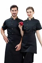 waiter Restaurant Sleeve Baker Clothes Coat Chef Work Short Women black Uniform Jacket Logo Cook T-shirt Hotel A4UA#