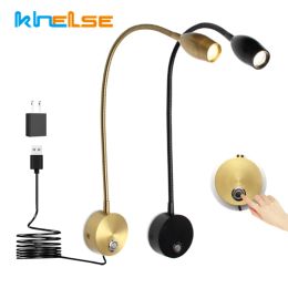 3W Nordic LED Reading Wall Lamp Dimmable Gooseneck Bedside Sconce Study Book Bedroom Wall Mount Lighting Fixture With US/EU Plug