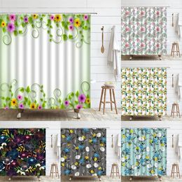 Shower Curtains Hand Painted Floral Set Watercolour Flowers Plants Green Leaves Polyester Fabric Nordic Bathroom Decor