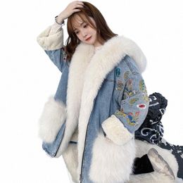 women Winter Faux Fox Fur Collar Stitching Floral Embroidery Denim Jacket Mink Fur Liner Thickened Jeans Coat Parka Cardigan R2Al#