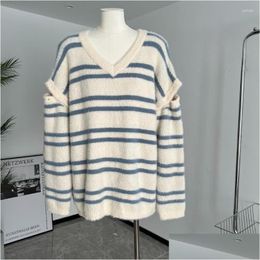 Womens Sweaters Ebaihui Elegant Sweater Blue White Stripes For Slim Design Ladies Knitwear Spring Versatile Loose Long Sleeve Drop Del Othbm