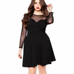 plus Size Elegant A-line Dr Women Dot Print Lg Mesh Sleeve Spring Autumn Fit And Flare Knee Length Office Party Dr 6XL Y3Ma#