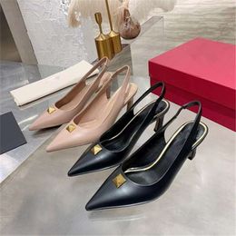 High heel Baotou sandals womens 2022 new V family pointed rivet single shoes wearing sandals outside Muller shoes trend