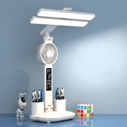 2024 New Rechargeable For Study Desk Table Light With Fan Led Clock Dispaly Reading Lamp