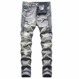 streetwear Male Casual Ripped Jeans Light Blue Embroidery Denim Trousers Men Straight Slim Lg Motorcycle Jeans Holes Pants f9dP#