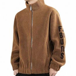 trend Keep Warm Zipper Lamb Wool Y2k Pullover Korean Winter Men Sweatshirt Embroidery Letters Fi Khaki Harajuku Male Coat p2lZ#