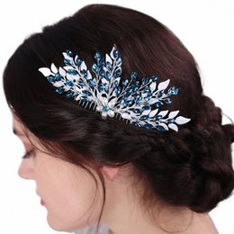 fi Blue Rhineste Wedding Hair Combs Alloy Leaves Pearl Bridal Headdr Women Hair Accories for Brides Headpiece Tiara N0aL#