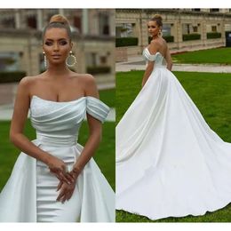 Atemberaubende arabische ASO EBI Dubai Brautkleider in Weiß und Elfenbein, sexy Meerjungfrau, schulterfrei, rückenfrei, Pailletten, Perlen, Falten, Rüschen, lange Brautkleider, Roben BC