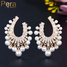 Dangle Earrings Pera Famous Design White Pearl Cubic Zirconia Yellow Gold Colour Long Drop For Bridal Wedding Party Jewellery E546