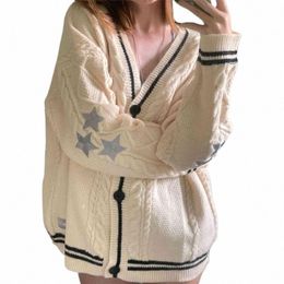 deeptown Vintage Beige Swift Knit Sweater Women Y2K College Taylor Oversize Star Embroidery Cardigan Folklore Knitted Jumper M4ie#