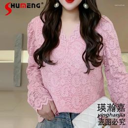 Women's Blouses Fashionable Starry Lace Shirt 2024 Spring Over Size High-End Shirts Trendy Feminine Long Sleeve Solid Color Tops