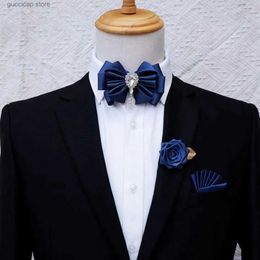 Bow Ties Bow Tie Brooch Set for Mens Business Suits Accessories Collar Flowers Mens Wedding Rhinestones Bowtie Pins Pocket Towel 3-piece Y240329