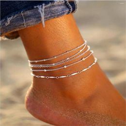 Anklets Multilayer Silver Colour Link Chain For Women Simple Design Beach Set Beads Ankle Foot Girls Barefoot Jewellery