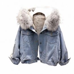 2024 New Winter Jacket Women Veet Thick Denim Jacket Big Faux Fur Collar Hooded Jean Jacket Female Vintage Casual Outwear 1025 30AS#