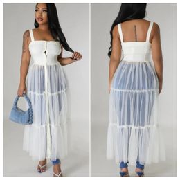 Casual Dresses Solid Mesh Patchwork Spaghetti Straps Long Dress Women Summer Sexy Strapless Buttons Fit Flare Maxi Party Robe