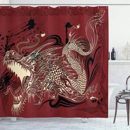 Shower Curtains Dragon Curtain Angry Doodle On Grunge Background Japanese Eastern Ethereal Pattern Print Cloth Fabric