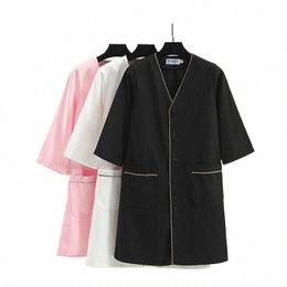black short Beautician tops beauty uniform dr spa uniform scrub uniform white plus size Sal grooming clothes Lab coat logo M0HQ#