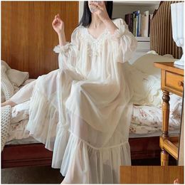 Womens Sleepwear Princess Victorian Lace Gauze Nightdress French Y V-Neck Long Nightie Women Spring Summer Fl Sleeves Nightgowns Drop Otmys