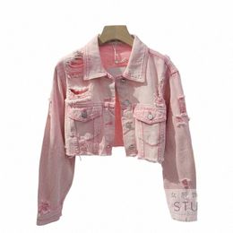 2023 Spring Short Coat New Ripped Loose Burrs Holes High Waist Pink Denim Jacket Young Lady Streetwear Casual All-Match Coats v9hf#