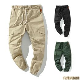Men'S Pants Mens 50% S Cargo Solid Color Mti Pockets Men Ankle Tied Dstring For Sports Drop Delivery Apparel Clothing Dhbyv
