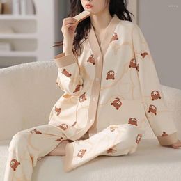 Women's Sleepwear Women Pyjama Set Soft Lounging Outfit Cosy Cartoon Print Winter With Single-breasted V Neck Elastic For Cold