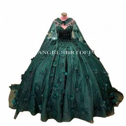 angelsbridep Emerald Green Beaded Crystal Ball Gown Quinceanera Dr With Cape 3D Frs Corset Vestido De 15 Anos K4PT#