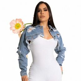 mutevole Lg Sleeve Ripped Crop Denim Jacket Women Sexy Hole Hollow Out Jeans Coat Spring Autumn Turn Down Collar Cropped Tops F8Ri#
