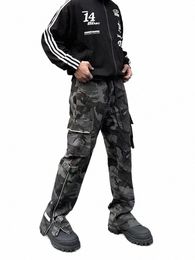 2024 Cyber Y2K Fi Camoue Drawstring Baggy Cargo Jeans Pants For Men Clothes Side Pockets Zipper Tracksuit Lg Trousers A86X#