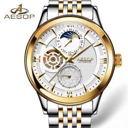 AESOP Moon Phase Watch Men Automatic Mechanical Watch Fashion Gold Wrist Watches Wristwatch Male Clock Men Relogio Masculino245o