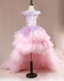 luxury Princess Flower Girls Dresses Tulle Bow Ruched Tiered Ruffle Girls Pageant dress sequined Puffy Kids hilow Party Gowns7237430