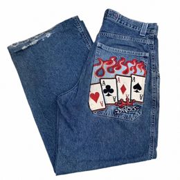 y2k Jeans Harajuku Retro Hip Hop Poker Graphic Retro Blue Baggy Jeans Denim Pants Men Womens New Gothic High Waist Wide Trousers b09F#