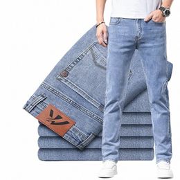 2023 Thin Cott Stretch Jeans Classic Pocket Youth Men Lightweight Spring Summer Brand New Men's Fit StraightLight Blue Pants G3iQ#