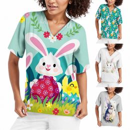 2024 Scrub Tops Easter Day Womens V Neck Bunny Egg PrintTop Nursed Working T Shirts Blouse With Pockets Medical Uniform 98SZ#