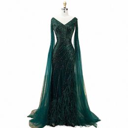 serene Hill Black Mermaid Cape Sleeves High Split Luxury Beaded Feathers Evening Dres Gowns 2024 For Women Party LA72216 z7lv#