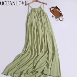 Casual Dresses OCEANLOVE Beach Style Women Solid Backless Spring Summer Loose Vestidos Mujer Korean Fashion Pleated Sweet Long Dress