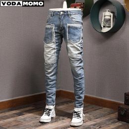 Men's Jeans 2024 Autumn Winter Retro Spliced Fashion Personalized Elastic Casual Pants Y2k Clothes Men Baggy