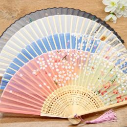 Bamboo Flower Fold Hand Fans Wedding Chinese Style Silk Children Antique Folding Fan Gift Vintage Party Supplies 0329